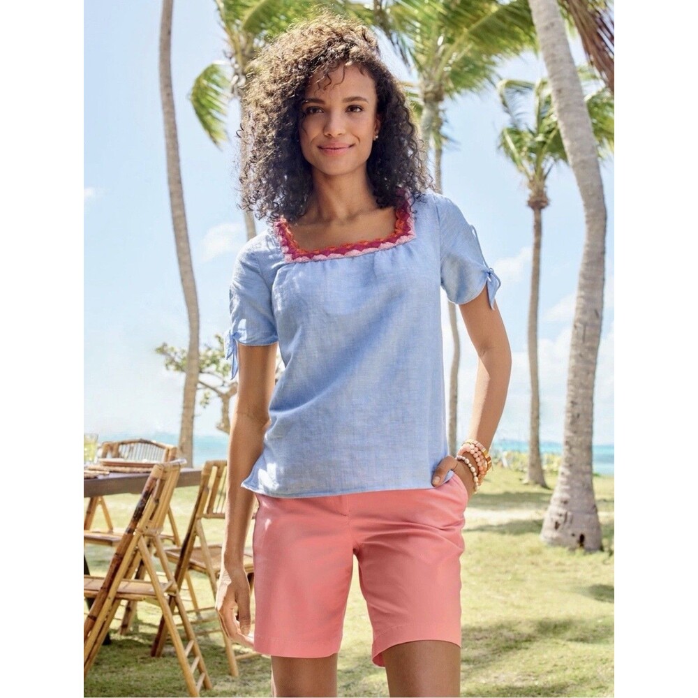 Talbots Light Blue Linen-Blend Square Neck Top with Pink Trim